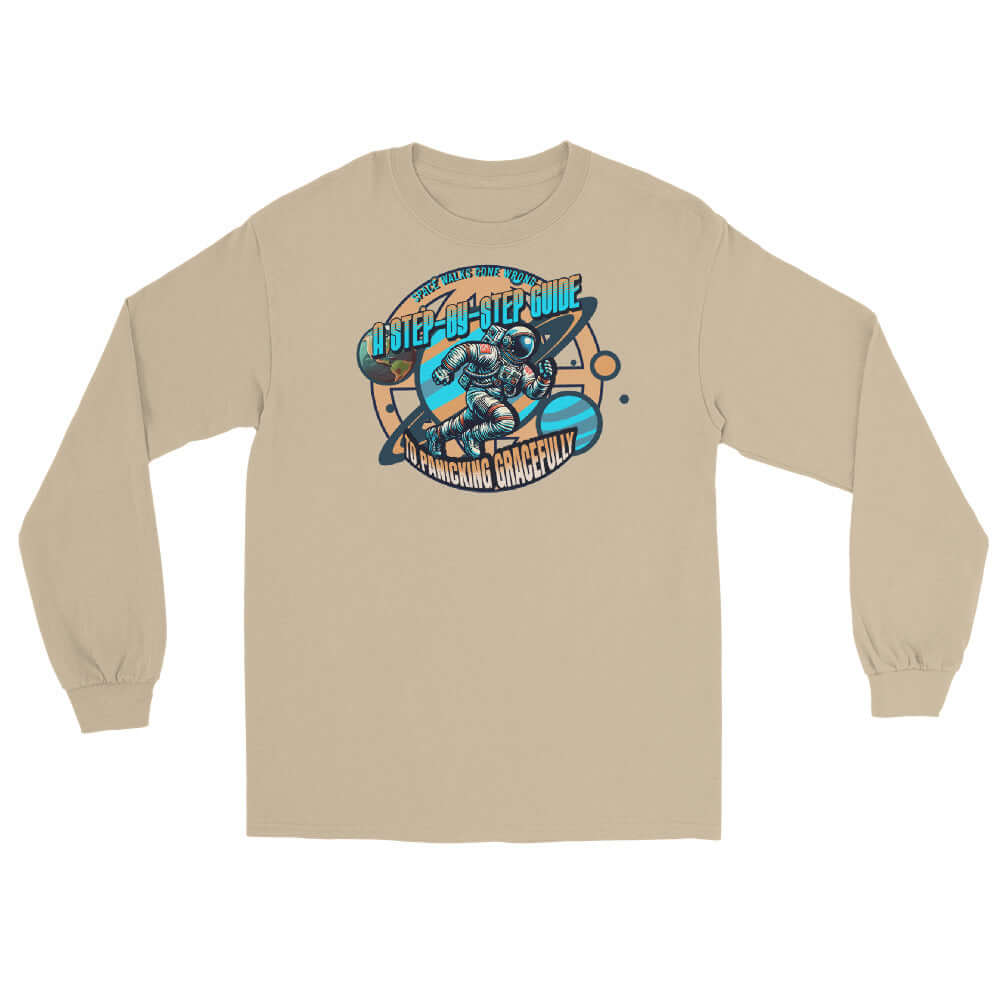 Retro Space Walks Gone Wrong long sleeve tee with astronaut design in cosmic gold, perfect for EVA emergencies and style.