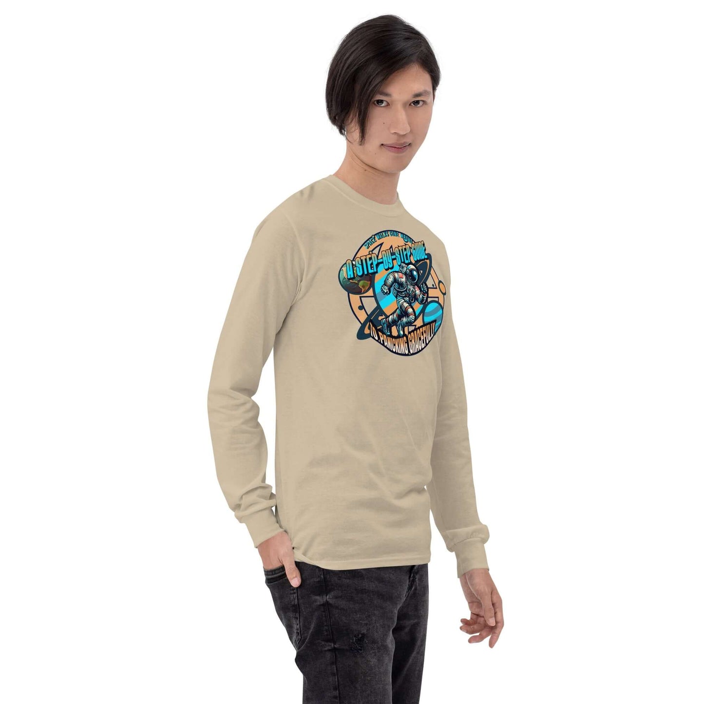 Man wearing Space Walks Gone Wrong long sleeve tee with retro astronaut design.