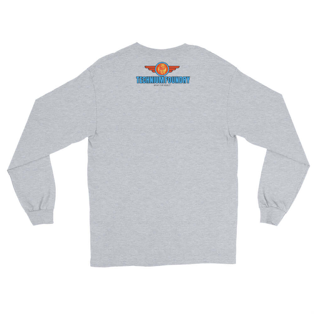 Gray long sleeve tee with Technium Foundry logo on the back, part of the Science & Tech Apparel Collection.