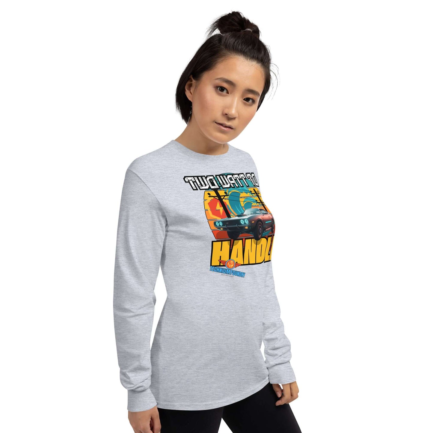 Woman wearing "Two Ways to Handle" classic car long sleeve tee from Science & Tech Apparel Collection by Technium Foundry.