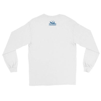 White long sleeve tee featuring a blue logo on the back, inspired by space walks and astronaut adventures.