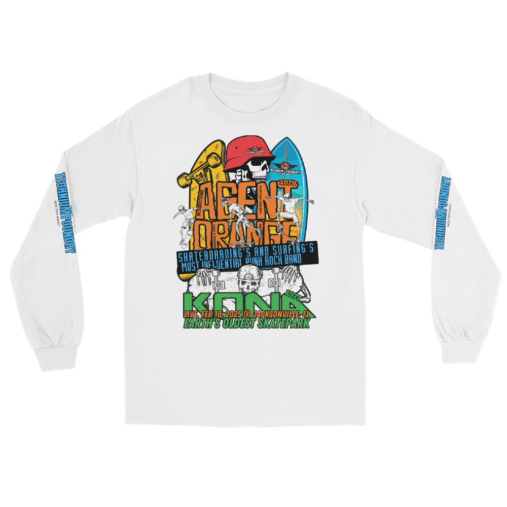 Kona Agent Orange Long Sleeve Skate Event Shirt| Vintage Skate History Color: White T-Shirt Size: S Apparel & Accessories Technium Foundry