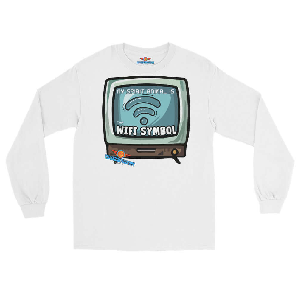 Retro TV Long Sleeve Tee with "My Spirit Animal is WiFi" design, featuring a WiFi symbol for internet connection seekers and digital explorers.