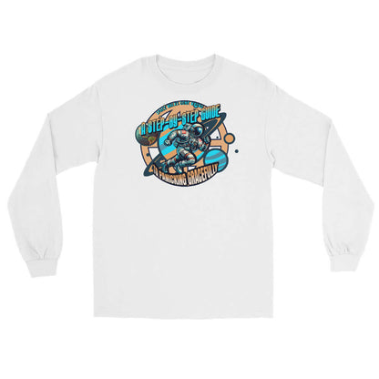 Space Walks Gone Wrong retro astronaut long sleeve tee in cosmic gold with humorous design.