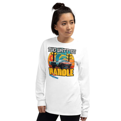 Woman wearing "Two Ways to Handle" classic car long sleeve tee from Science & Tech Apparel Collection by Technium Foundry.