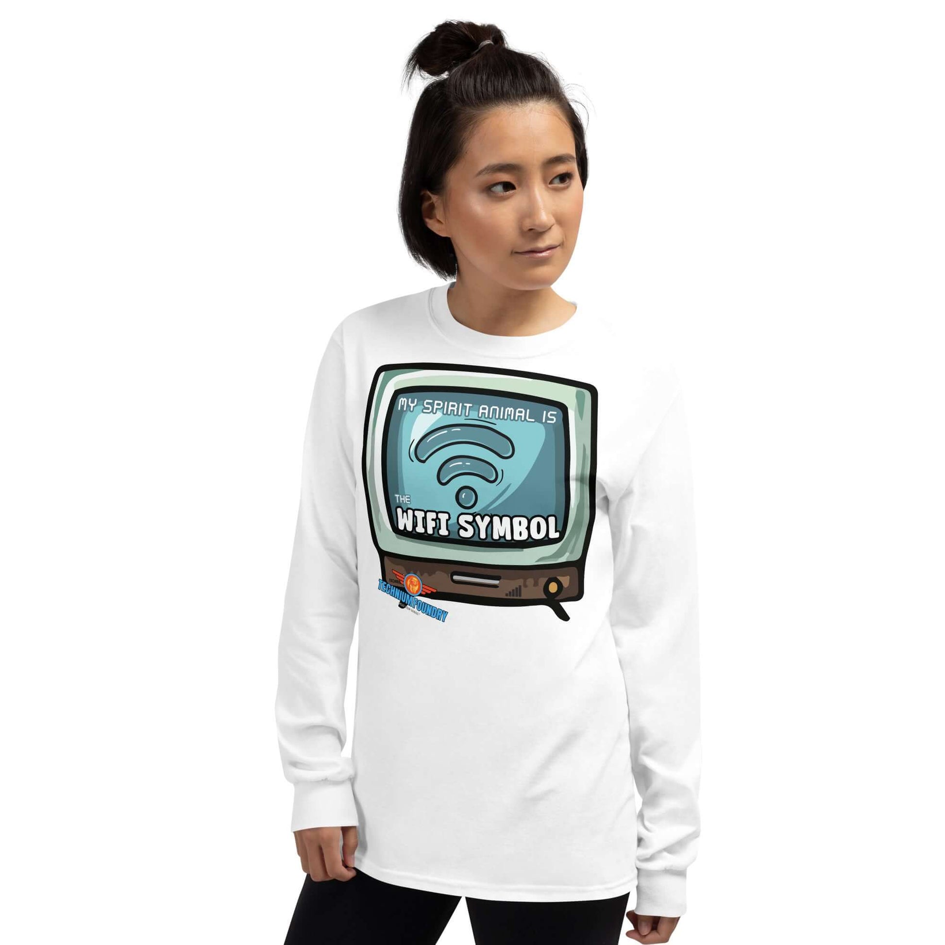 Long sleeve tee with "My Spirit Animal is WiFi" printed on retro TV design, perfect for finding signal in a coffee shop.