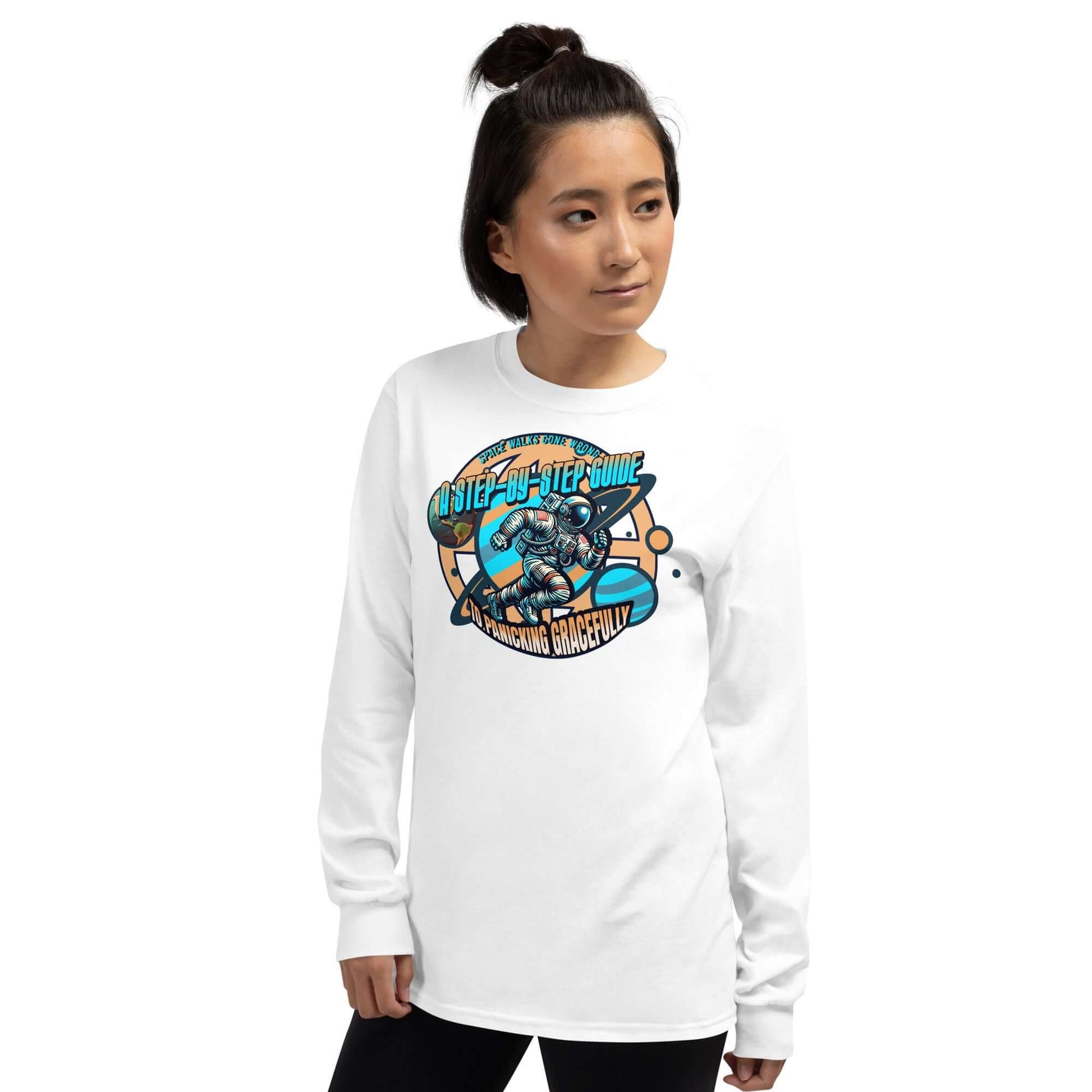 Space Walks Gone Wrong Tee with astronaut illustration, worn by model.