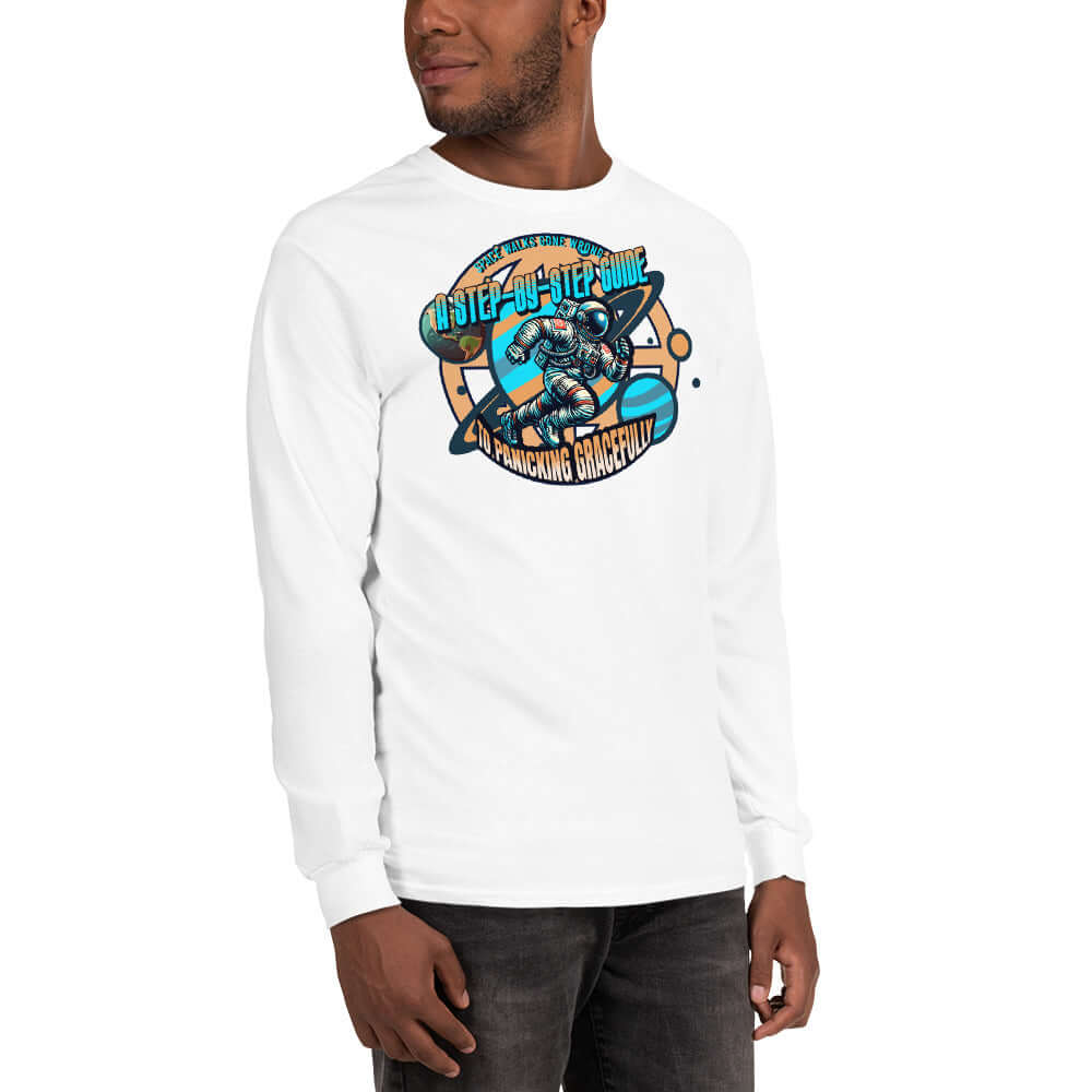 Space Walks Gone Wrong long sleeve tee featuring astronaut in retro style, cosmic gold design, as part of emergency exit theme.