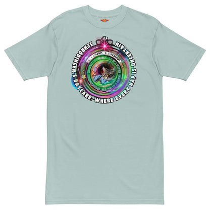 Quantum cat tee with cosmic design, Schrödinger’s Daycare theme, featuring feline napping with world domination twist.