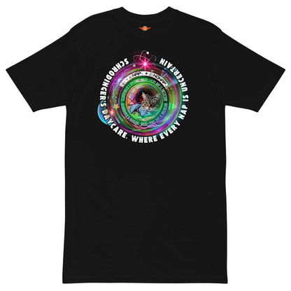 Schrödinger's Daycare tee with cosmic cat design, blending quantum physics and feline humor for cat lovers.