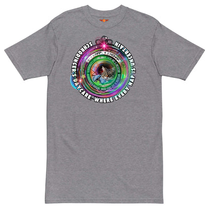 Gray "Schrödinger's Daycare" T-shirt featuring cosmic cat design, merging quantum physics and feline humor, playful sci-fi theme.