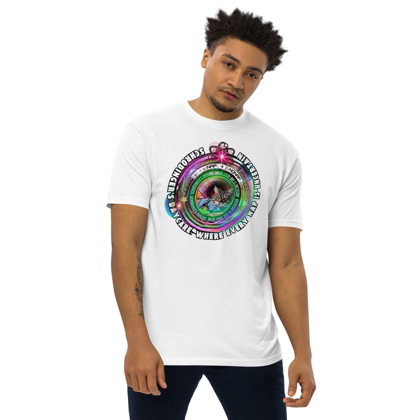 Schrödinger's Daycare Tee with cosmic cat design on model, blending quantum physics and feline fun.