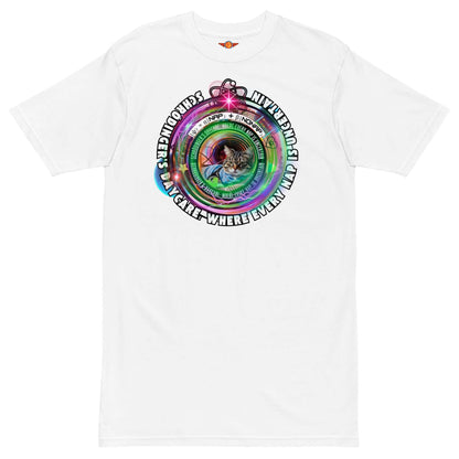 "Schrödinger's Daycare tee featuring cosmic-spirling cat, quantum physics and feline theme, white t-shirt design"