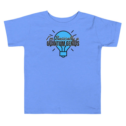 Toddler short sleeve tee with "I'm Basically a Quantum Genius" print in blue, by Technium Foundry for Quantum Fashion.