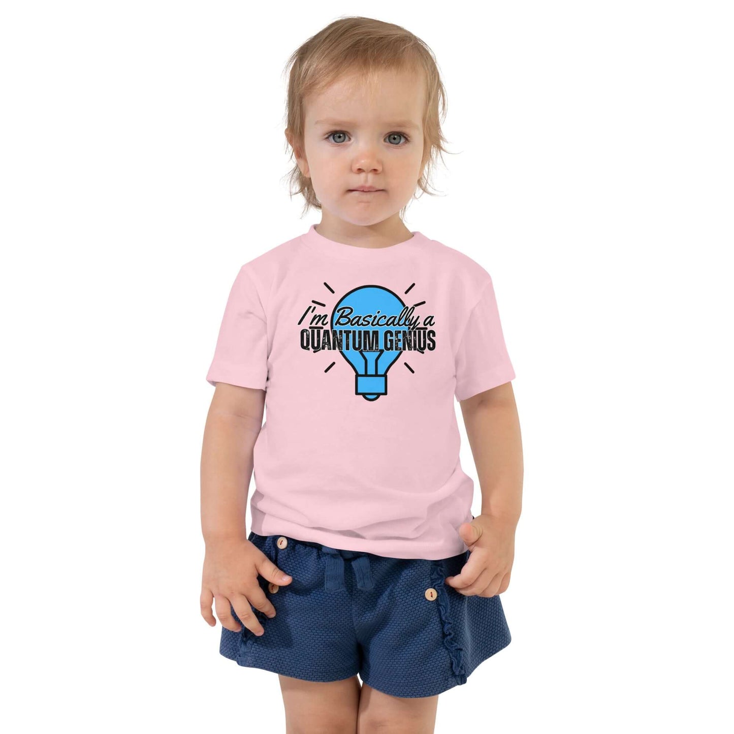 Toddler wearing pink "I'm Basically a Quantum Genius" tee by Quantum Fashion from Technium Foundry, looking stylish and comfy.