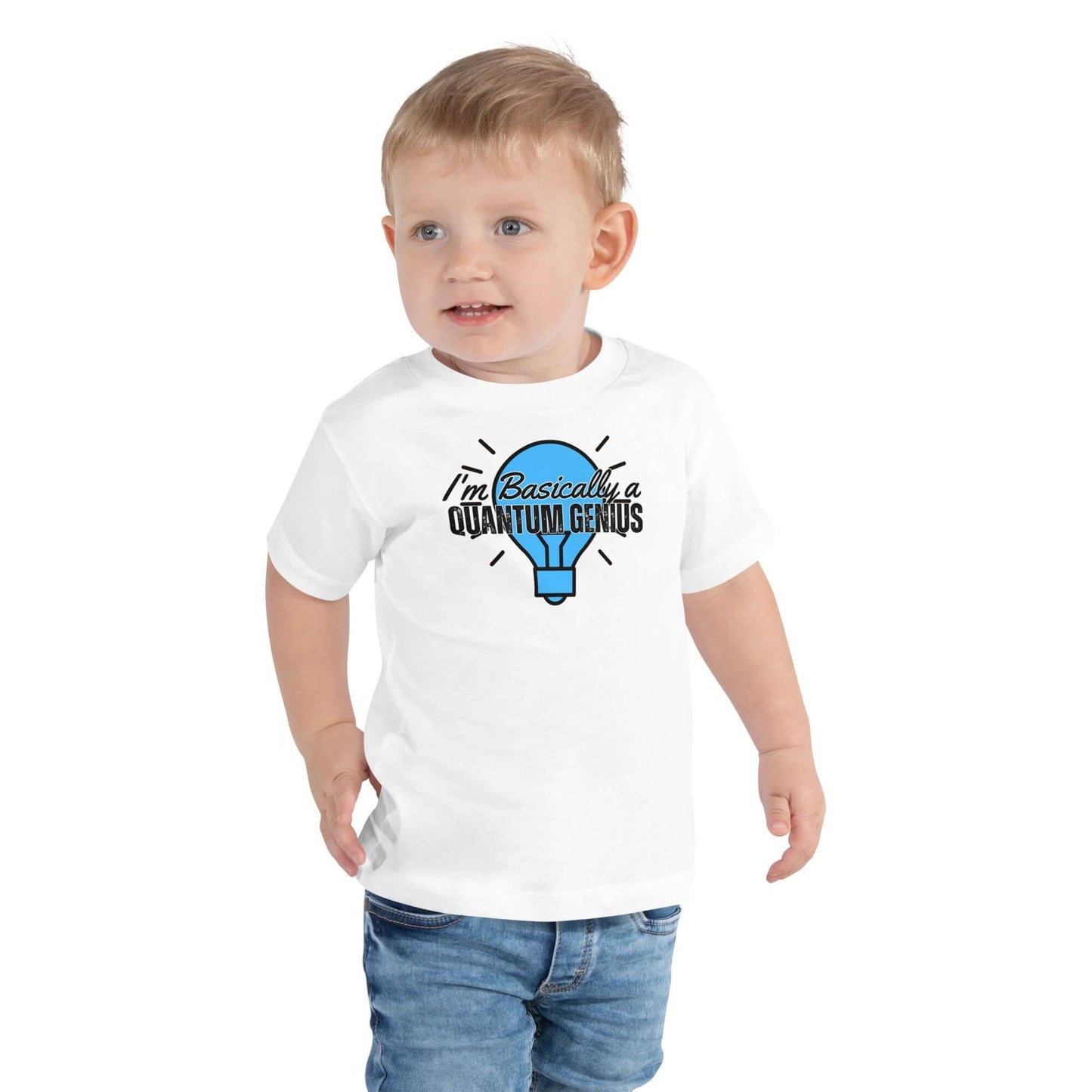 Toddler wearing Quantum Fashion tee with "I'm Basically a Quantum Genius" print by Technium Foundry, super comfy short-sleeve shirt.