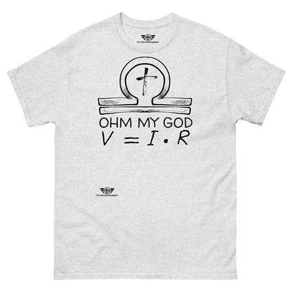 Ohm My God - Physics Meets Faith T-Shirt | Ohm's Law Religious Humor Color: Ash T-Shirt Size: S Apparel & Accessories Technium Foundry