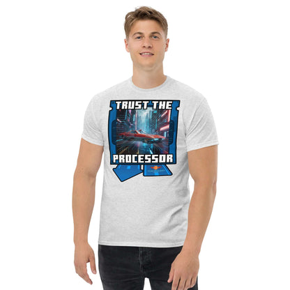 Cyberpunk-inspired "Trust the Processor" T-shirt from Science & Tech Apparel Collection by Technium Foundry, futuristic design.