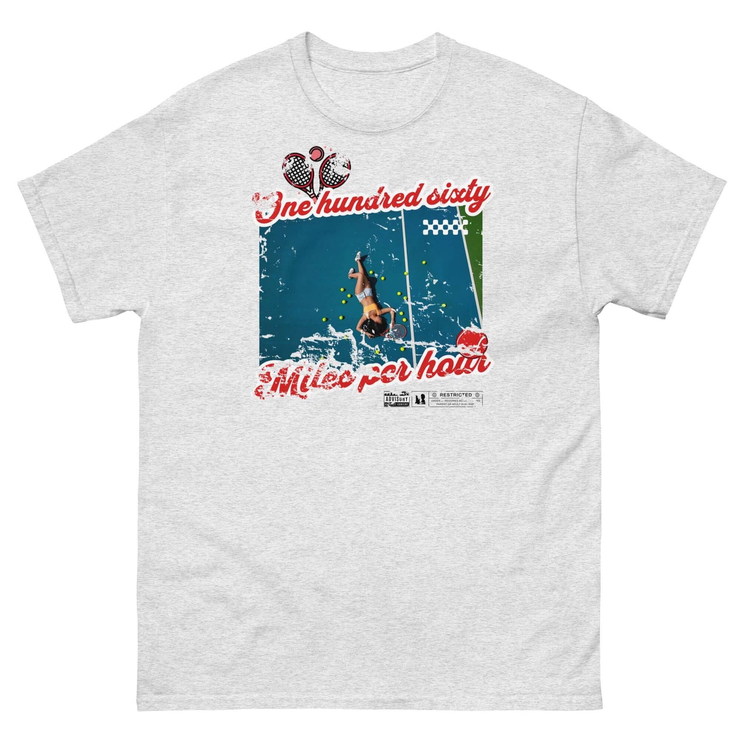 "One Hundred Sixty Miles Per Hour" tennis t-shirt with player collapse design, celebrating athletic effort and recovery.