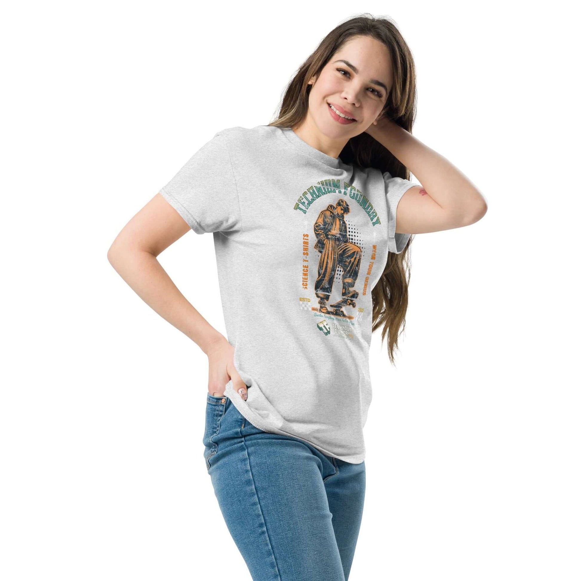 Woman wearing Technium Foundry Skater Scientist T-Shirt with Newton graphic, blending vintage physics and street style