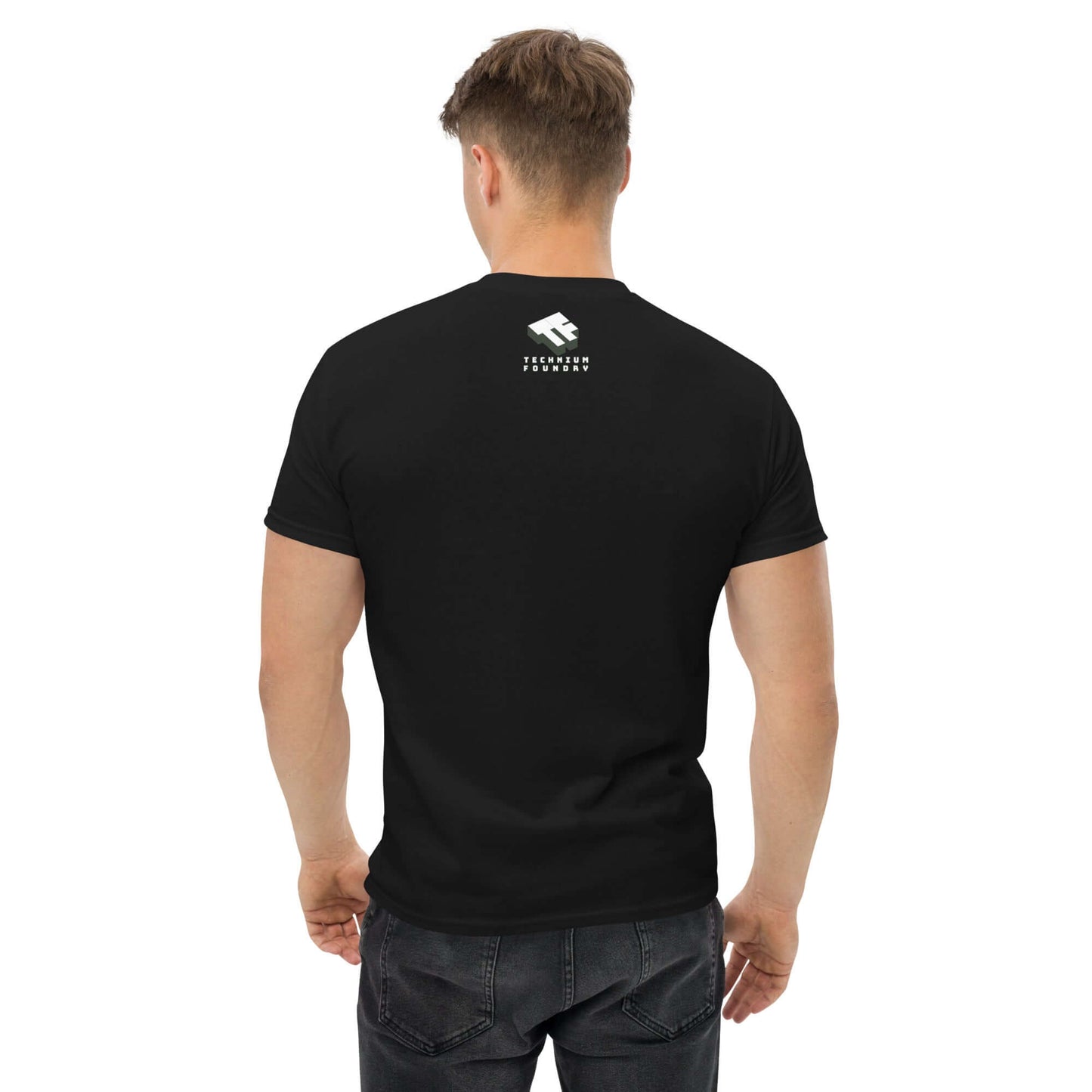 Back view of man wearing black Cafe Racer Space T-Shirt showcasing logo on upper back.