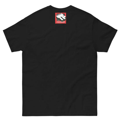 Black T-shirt back view with small graphic and red accent, minimalist design for adventure enthusiasts.