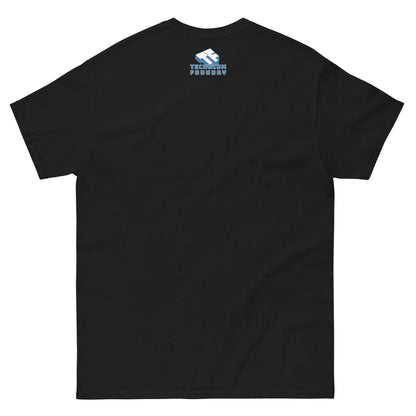 Rear view of a black Kinetic Energy T-Shirt with a small blue logo at the top, celebrating the physics equation 1/2mv².