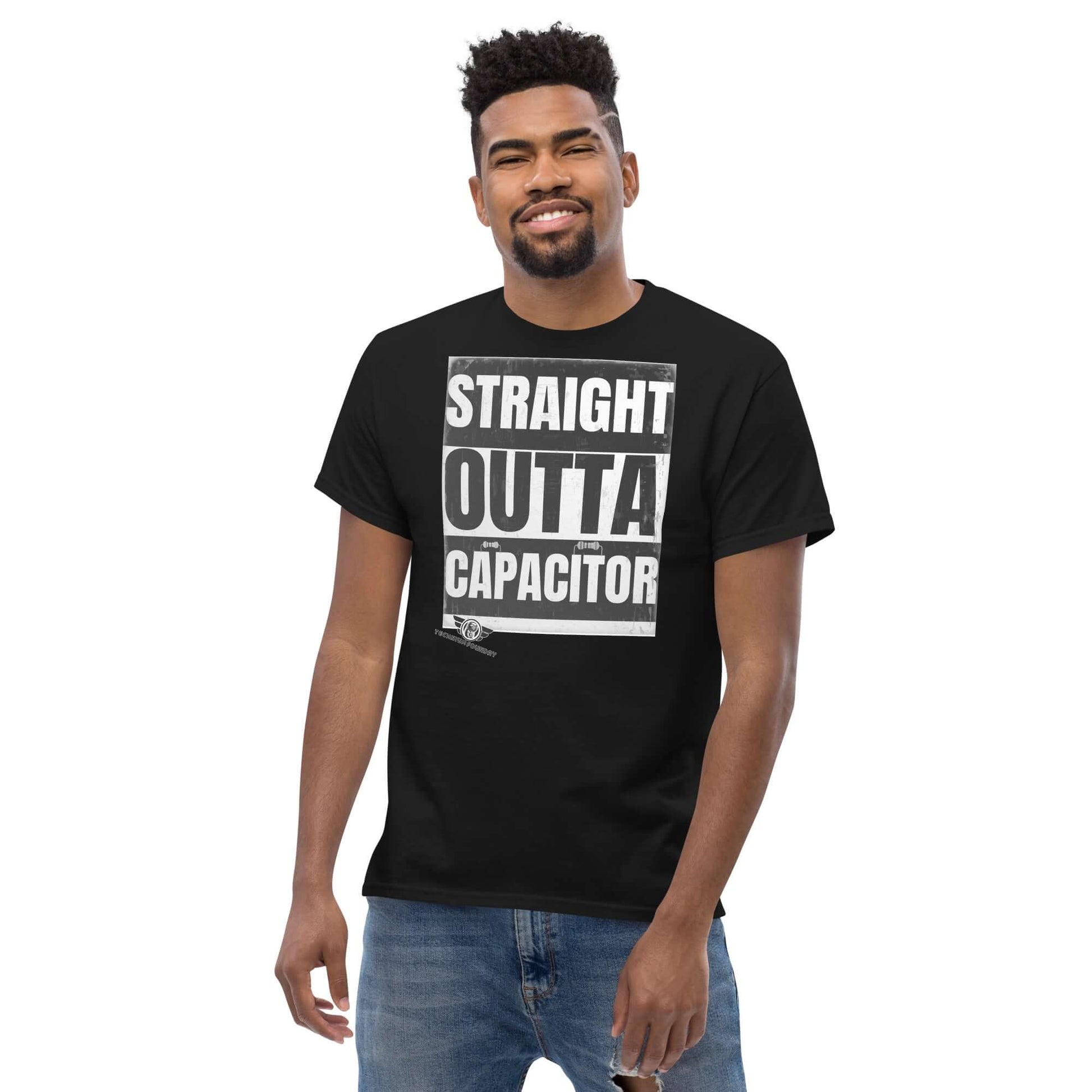 Straight Outta Capacitor T-Shirt | Electrical Circuit Humor Color: Black T-Shirt Size: S Apparel & Accessories Technium Foundry