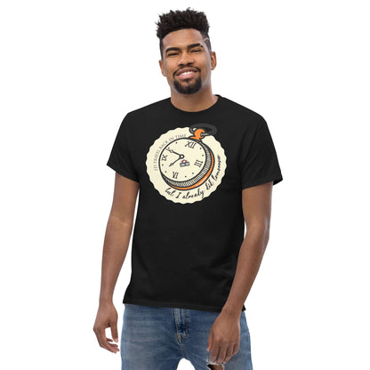 Man wearing Time Travel Paradox T-Shirt with pocket watch design by Technium Foundry, featuring the phrase "I'd Travel Back in Time..."