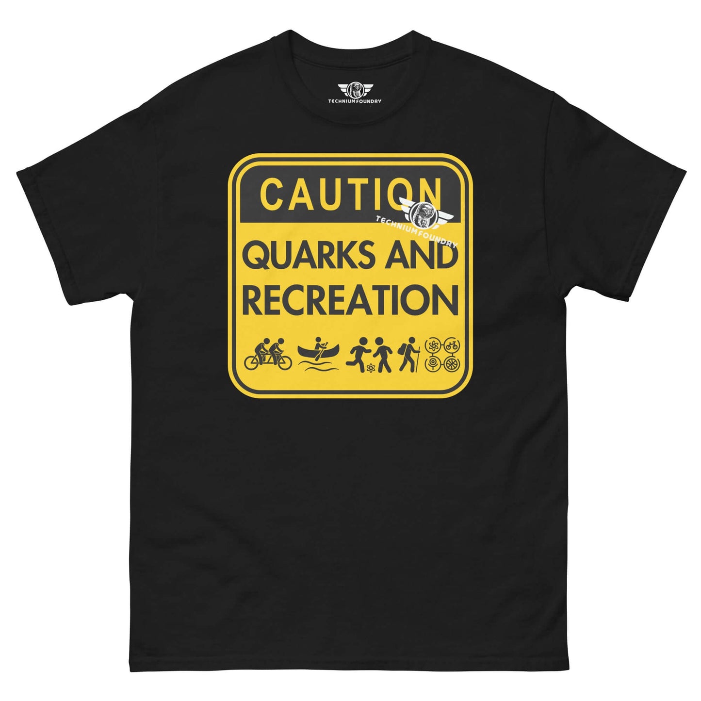 Quarks and Recreation | Physics Meets Parks & Rec | Particle Physics Warning Sign Humor Color: Black T-Shirt Size: S Apparel & Accessories Technium Foundry