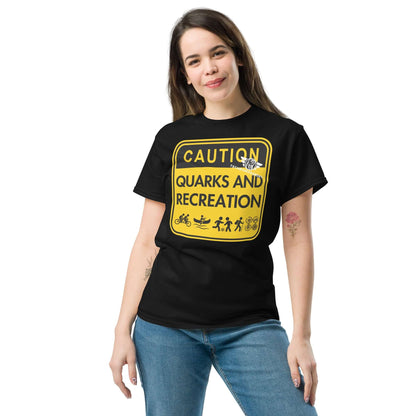 Quarks and Recreation | Physics Meets Parks & Rec | Particle Physics Warning Sign Humor Color: Black T-Shirt Size: S Apparel & Accessories Technium Foundry