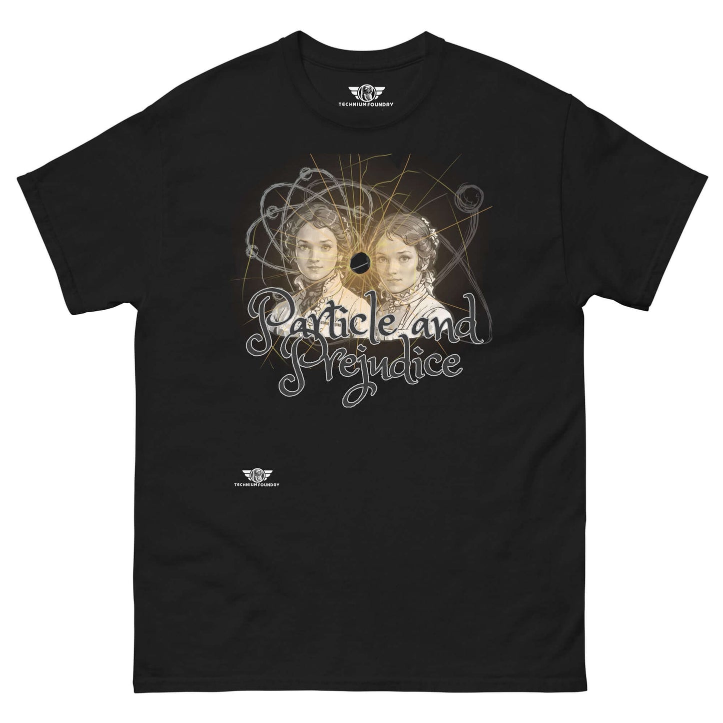 Particle and Prejudice Literature & Physics Fusion T-Shirt | Classic Romance Meets Quantum Science Color: Black T-Shirt Size: S Apparel & Accessories Technium Foundry