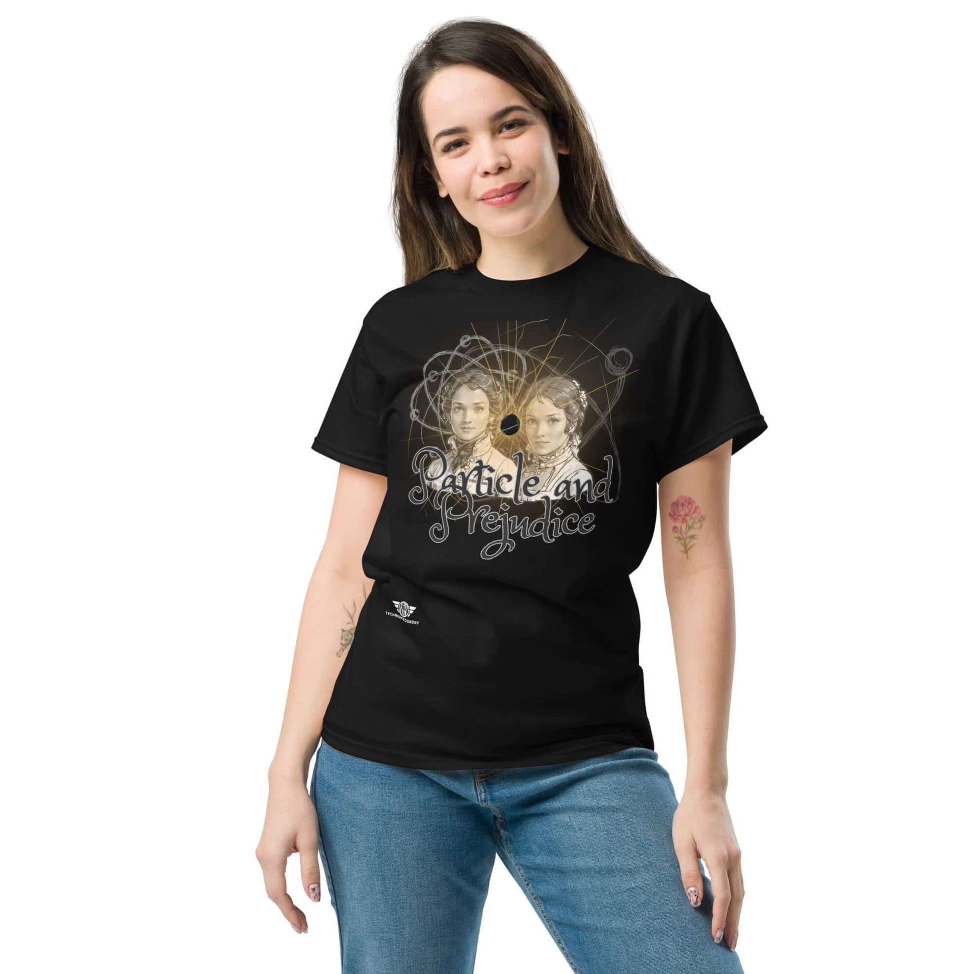 Particle and Prejudice Literature & Physics Fusion T-Shirt | Classic Romance Meets Quantum Science Color: Black T-Shirt Size: S Apparel & Accessories Technium Foundry