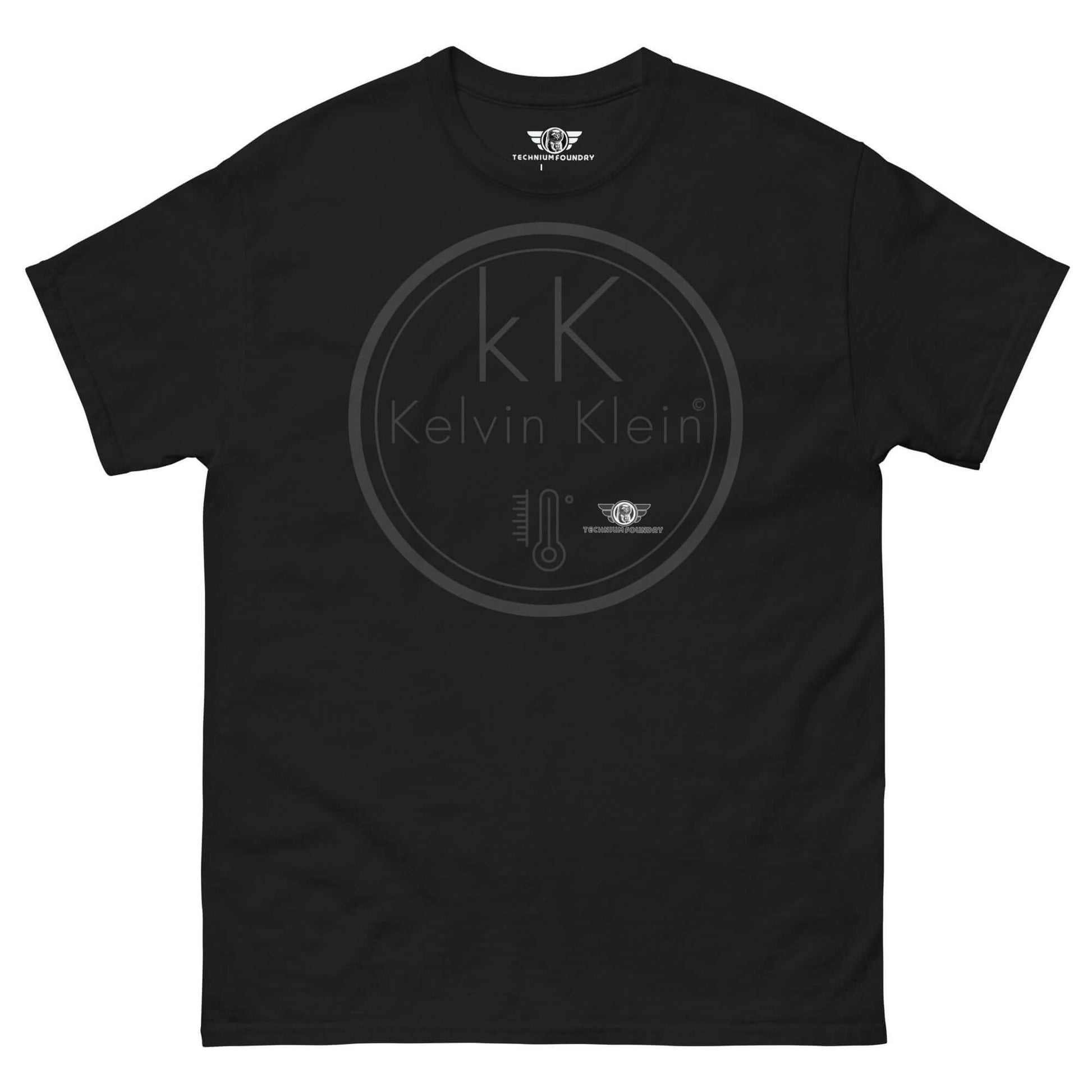 Kelvin Klein Temperature Scale Fashion Parody T-Shirt | Scientific Humor Apparel Color: Black T-Shirt Size: S Apparel & Accessories Technium Foundry