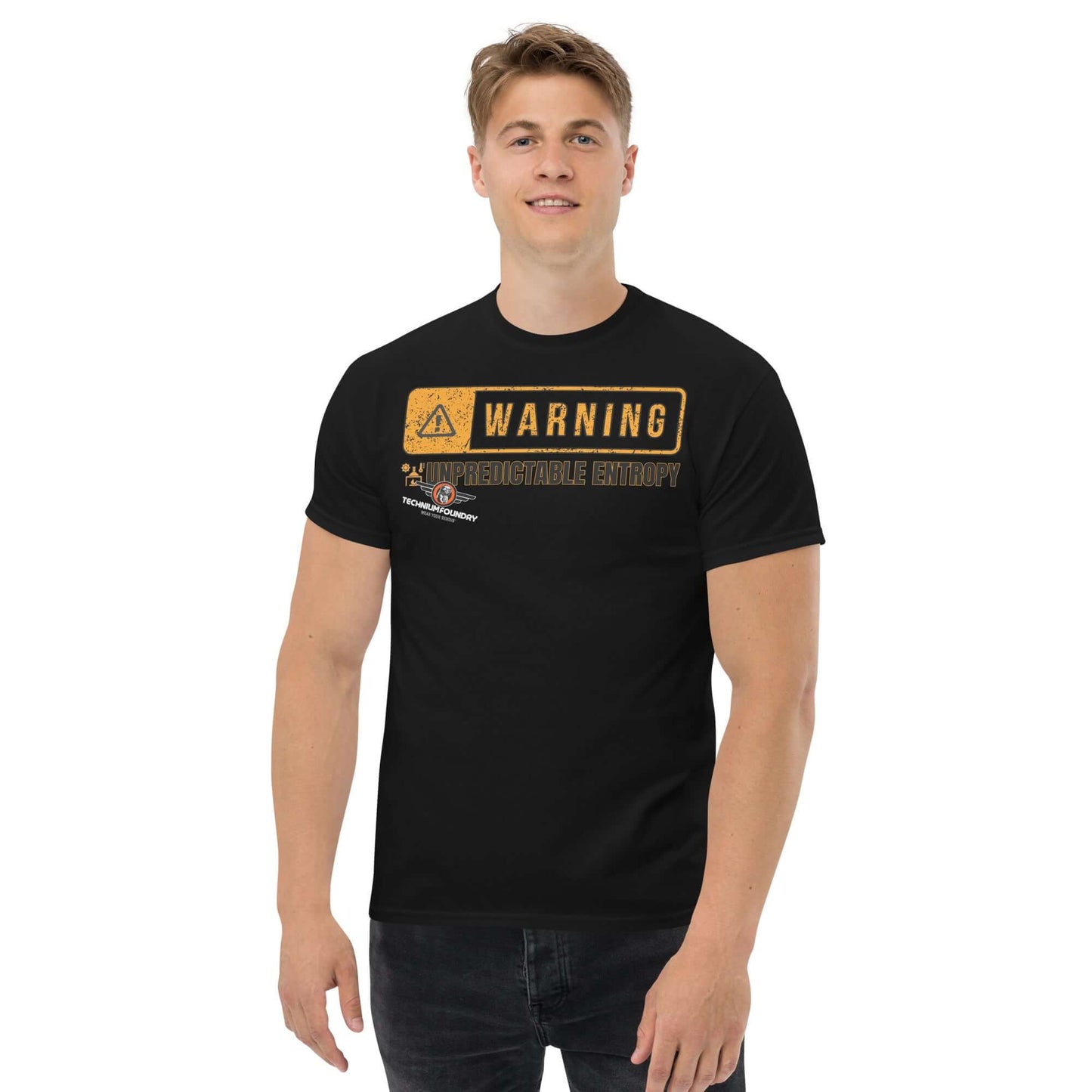 Warning: Unpredictable Entropy T-Shirt | Thermodynamics Hazard Sign Humor Color: Black T-Shirt Size: S Apparel & Accessories Technium Foundry