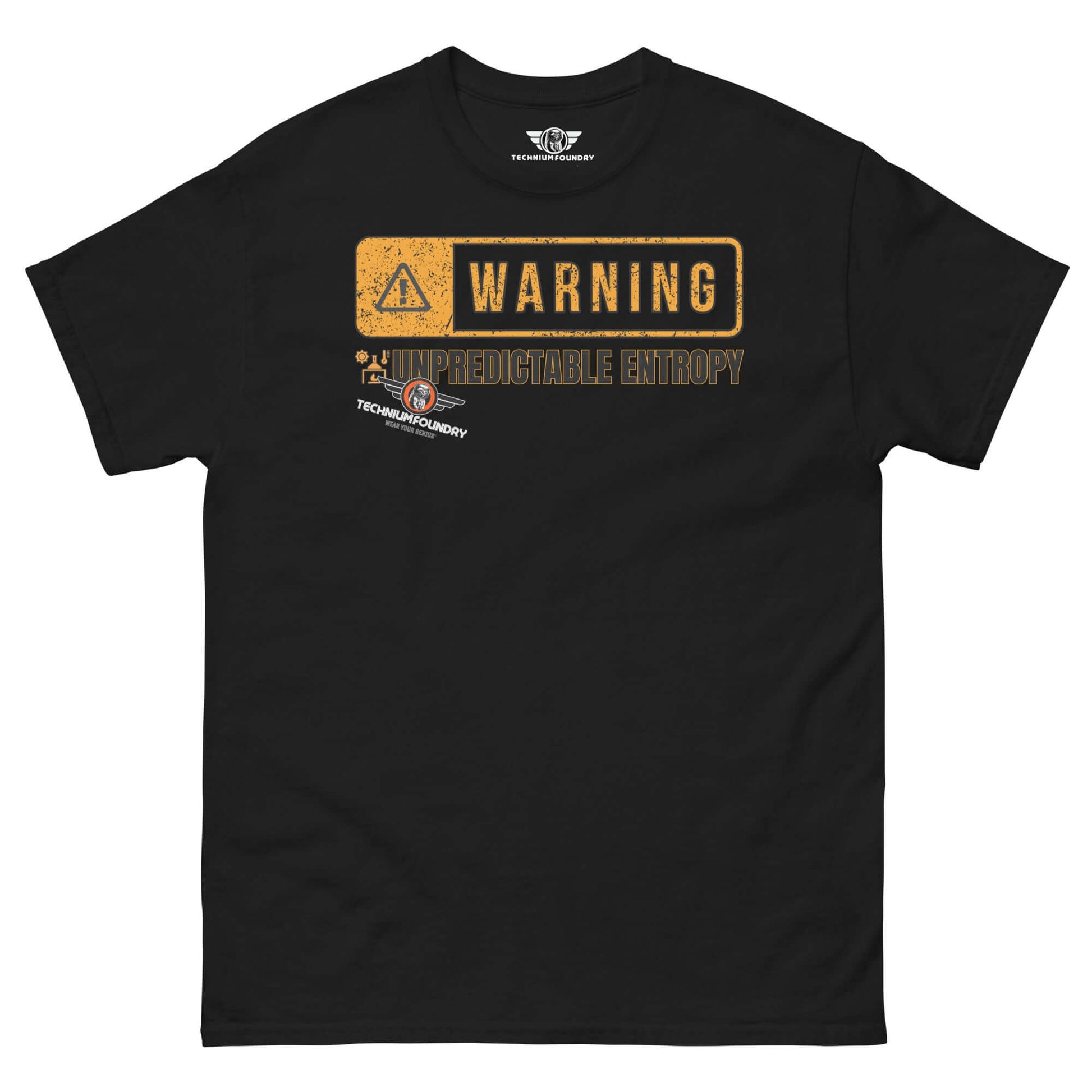 Warning: Unpredictable Entropy T-Shirt | Thermodynamics Hazard Sign Humor Color: Black T-Shirt Size: S Apparel & Accessories Technium Foundry