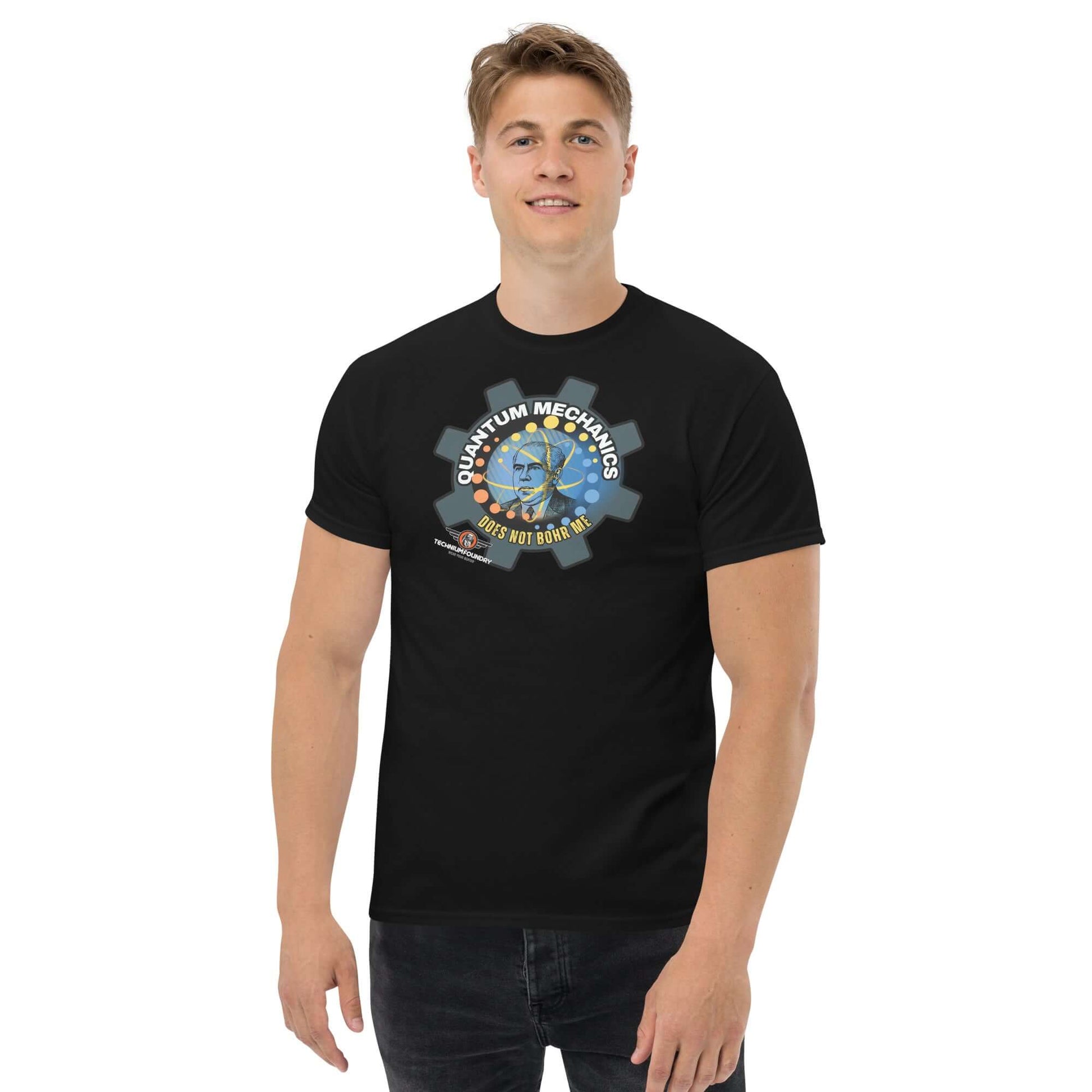 Quantum Mechanics Does Not Bohr Me - Quantum Mechanics Pun T-Shirt Color: Black T-Shirt Size: S Apparel & Accessories Technium Foundry