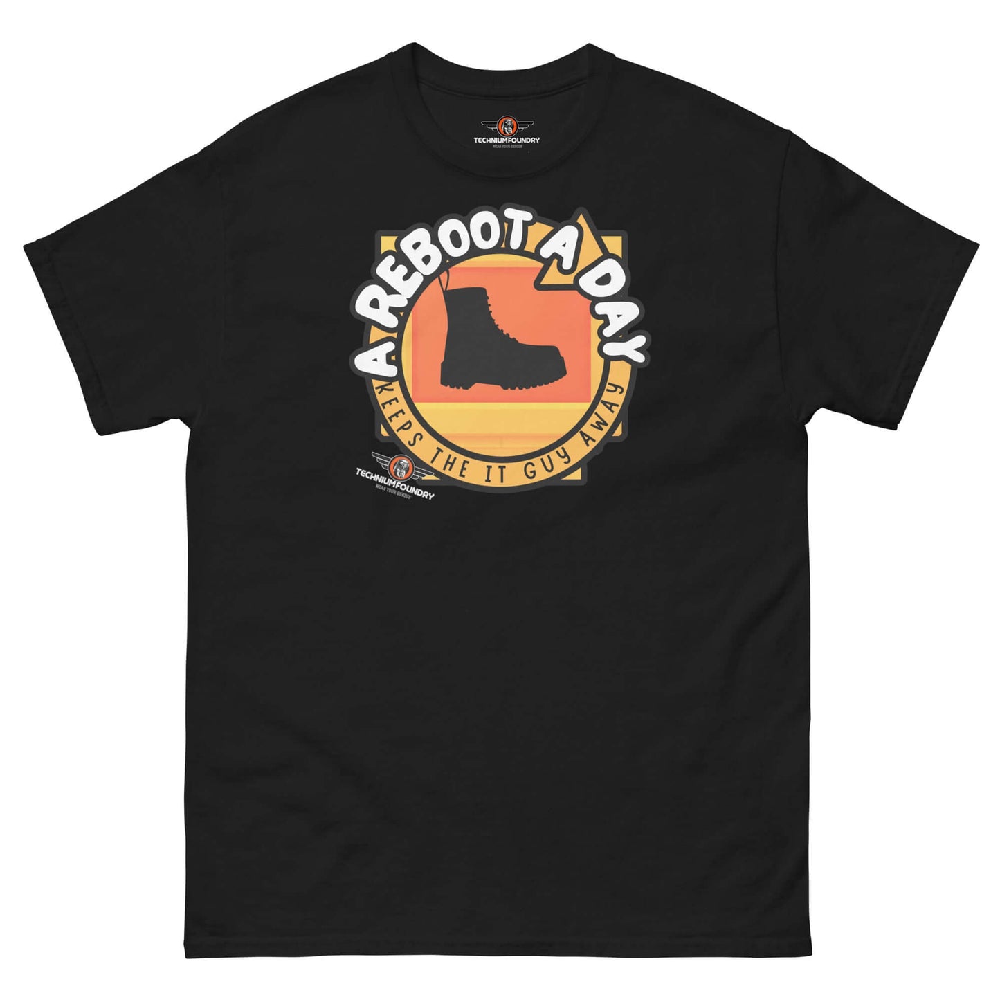 A Reboot A Day - IT Support Humor T-Shirt | Tech Help Desk Boot Design Color: Black T-Shirt Size: S Apparel & Accessories Technium Foundry