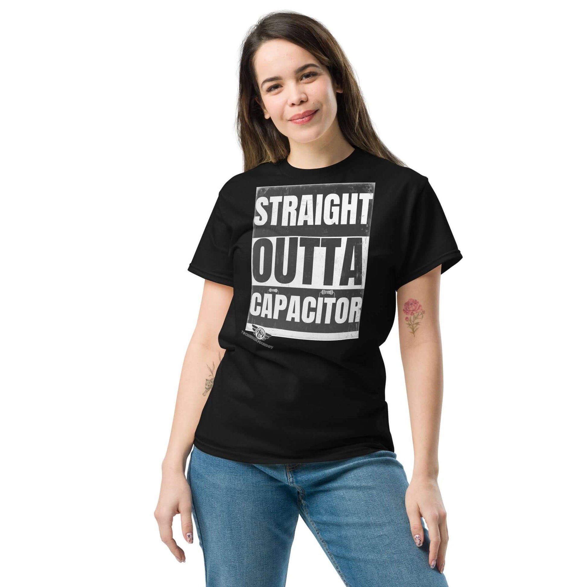 Straight Outta Capacitor T-Shirt | Electrical Circuit Humor Color: Black T-Shirt Size: S Apparel & Accessories Technium Foundry