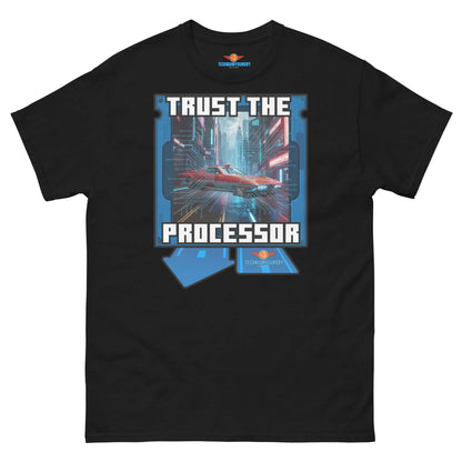 "Trust the Processor T-Shirt with cyberpunk design, part of Science & Tech Apparel Collection by Technium Foundry"