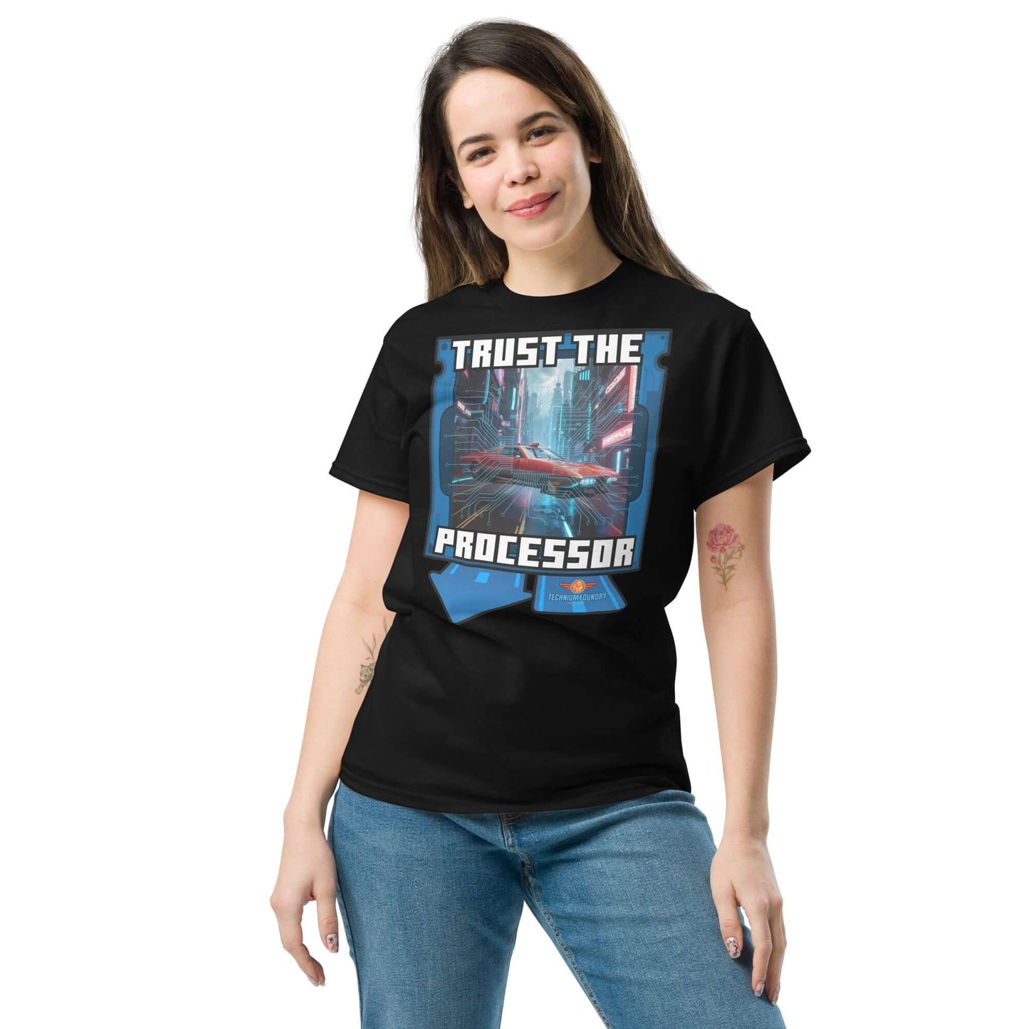 "Trust the Processor T-Shirt, retro-future design, Science & Tech Apparel Collection, Technium Foundry"