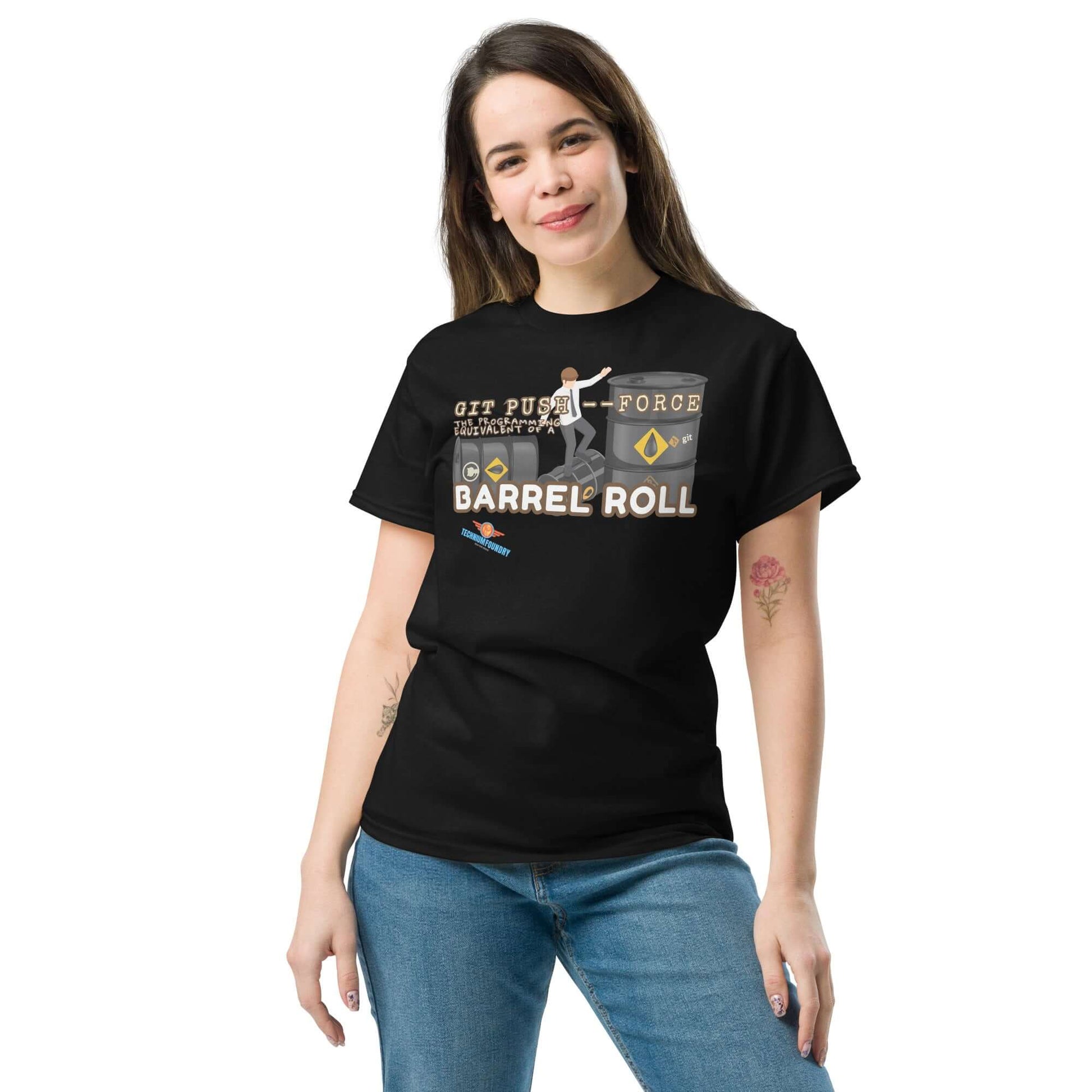 Git Push --Force: The Barrel Roll Edition tee, part of Science & Tech Apparel Collection by Technium Foundry, worn by woman in jeans.