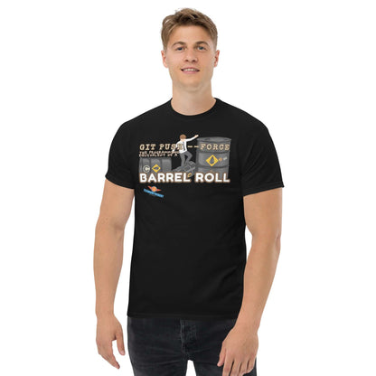 Man wearing "Git Push --Force: The Barrel Roll Edition" tee, part of Science & Tech Apparel Collection by Technium Foundry.