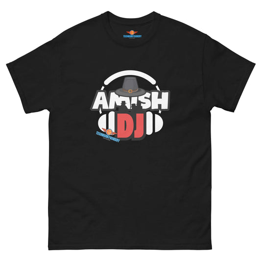 Amish DJ Tee with hat and headphones, part of Science & Tech Apparel - Technium Foundry Collection.