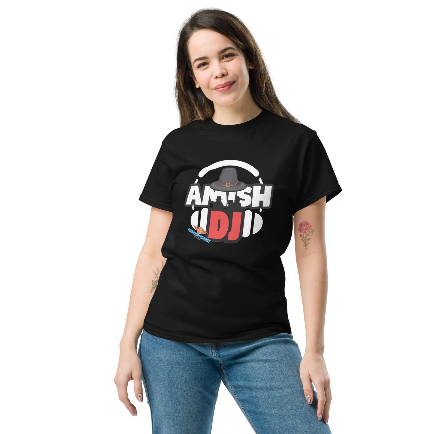 Woman wearing "Amish DJ" Tee from Technium Foundry's Science & Tech Apparel Collection, featuring a playful merge of old-school and modern vibes.