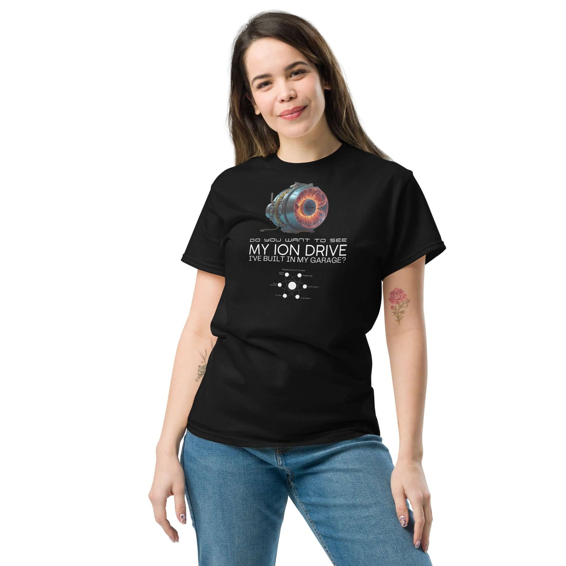 Woman wearing "The Garage-Built Ion Drive" tee from Science & Tech Apparel Collection by Technium Foundry.