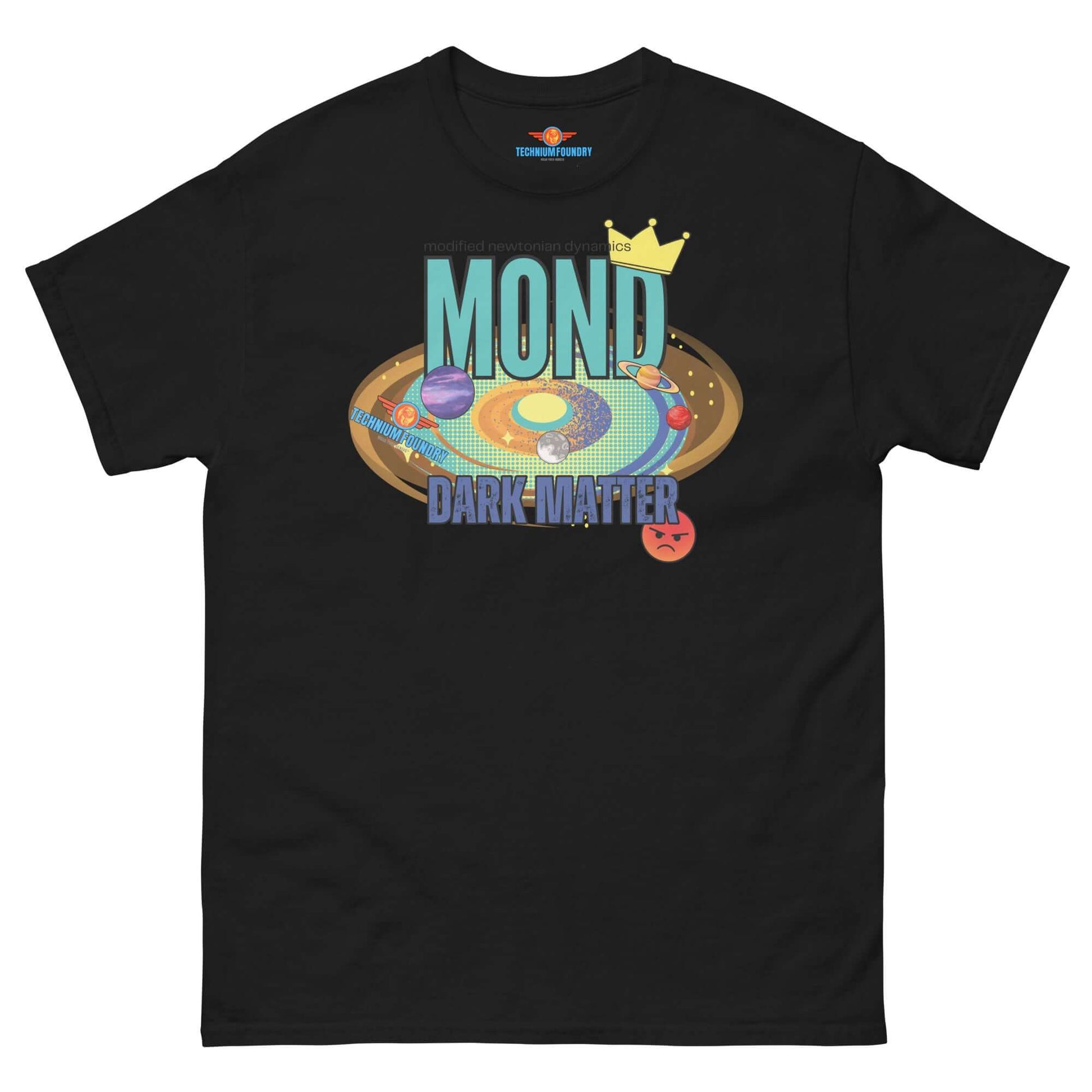 "MOND vs Dark Matter tee from Science & Tech Apparel Collection by Technium Foundry, featuring cosmic design and crown graphic."