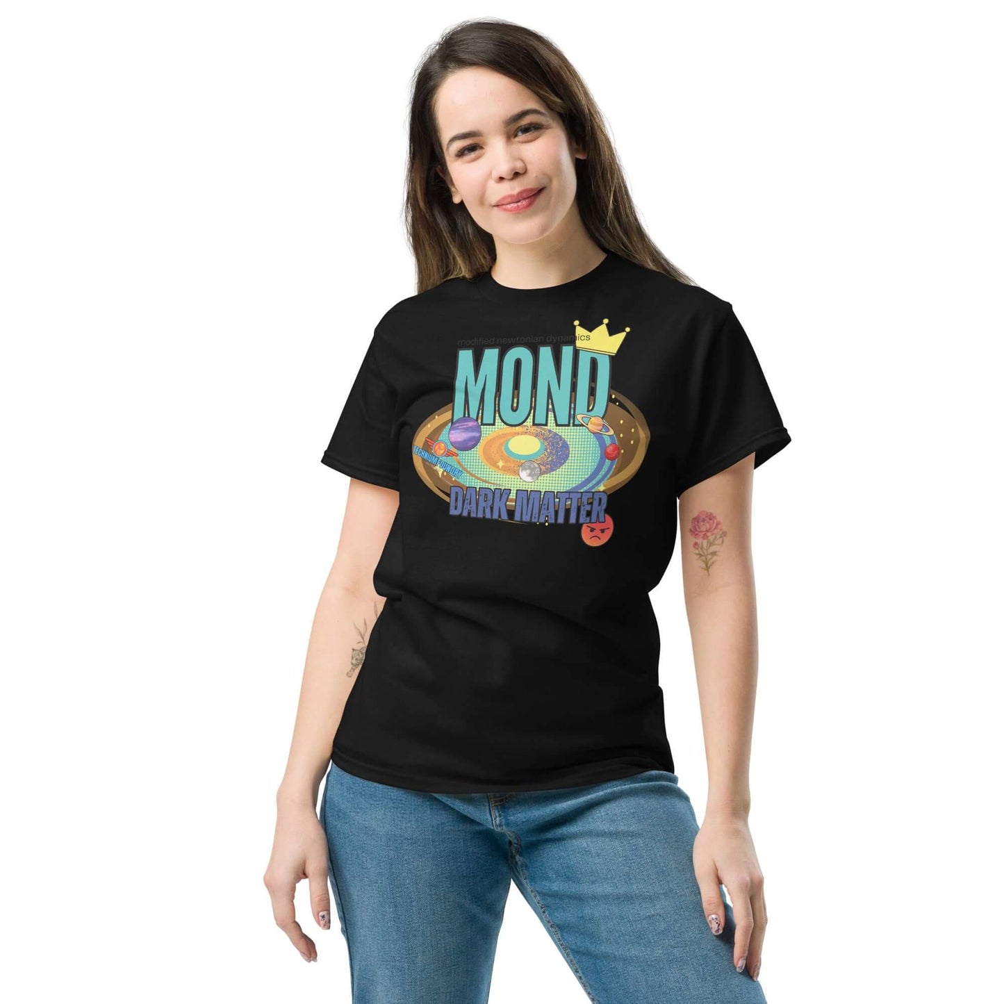 Woman wearing "MOND vs Dark Matter" tee from Science & Tech Apparel Collection by Technium Foundry, featuring a physics theme design.