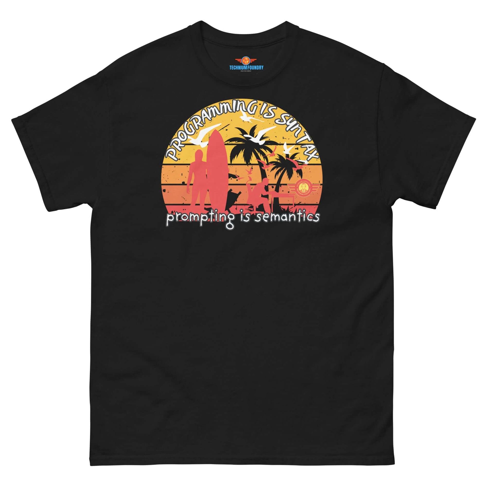 "Programming is Semantics tee with retro sunset design, part of Technium Foundry's Science & Tech Apparel Collection"