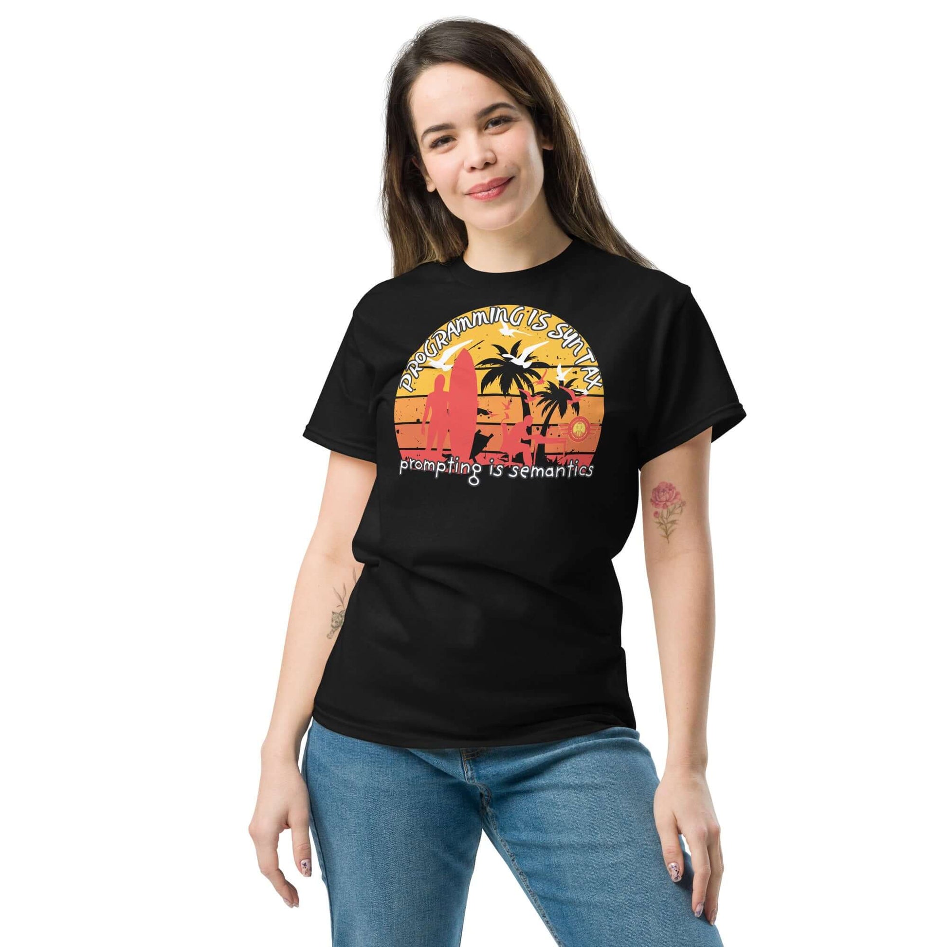 Woman wearing "Programming is Semantics" tee with sunset and palm tree design, part of the Science & Tech Apparel Collection by Technium Foundry.